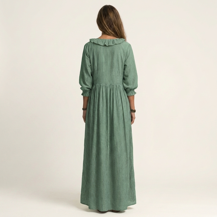 Yosetta | Vestito lungo a righe con scollo a V e volant, maniche lanterna