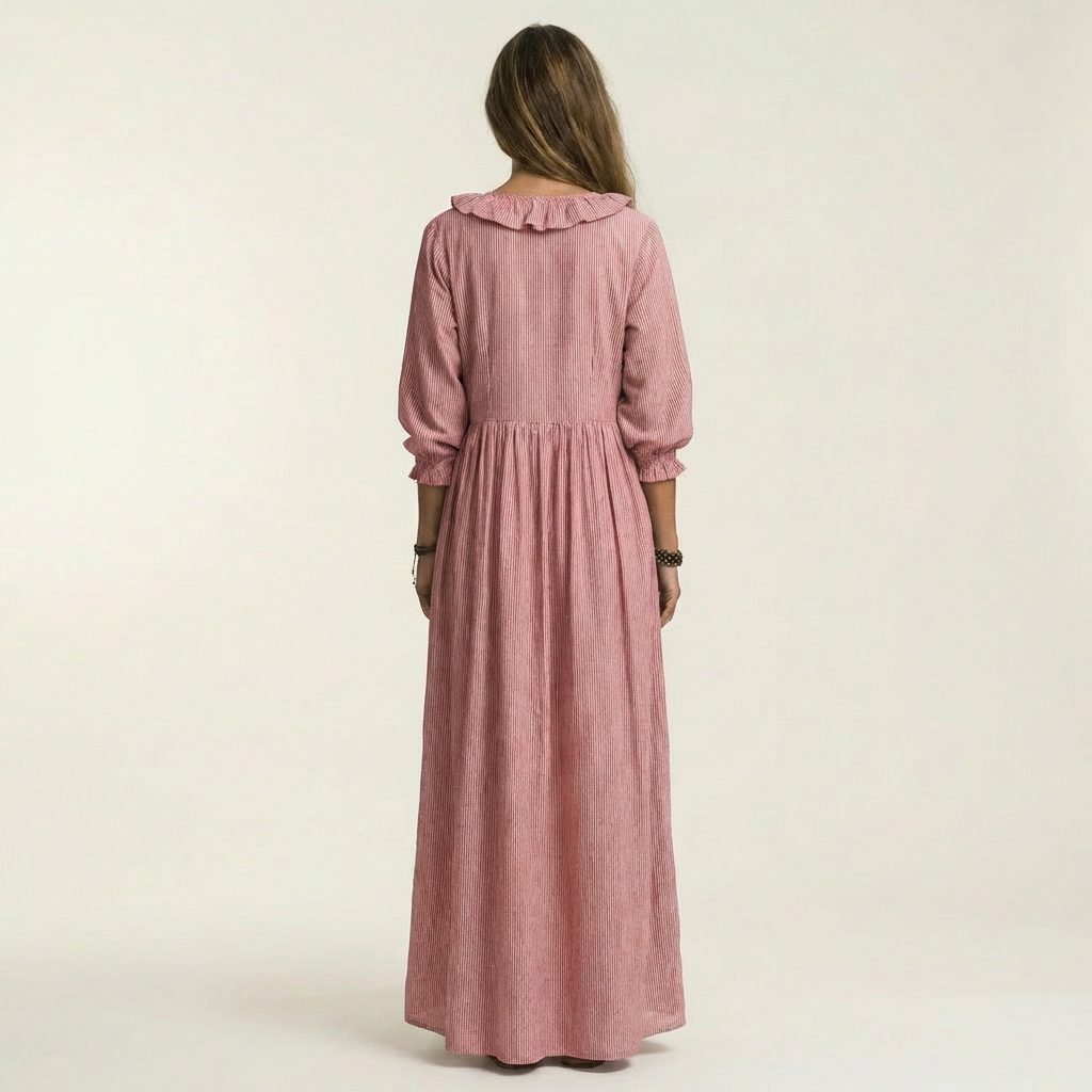 Yosetta | Vestito lungo a righe con scollo a V e volant, maniche lanterna