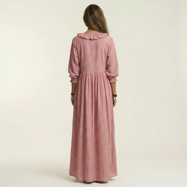 Yosetta | Vestito lungo a righe con scollo a V e volant, maniche lanterna