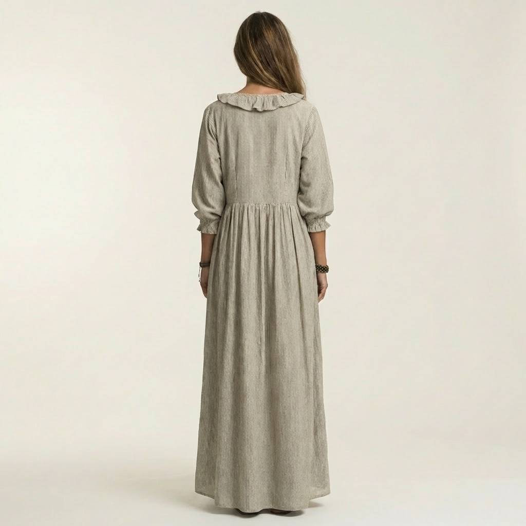 Yosetta | Vestito lungo a righe con scollo a V e volant, maniche lanterna