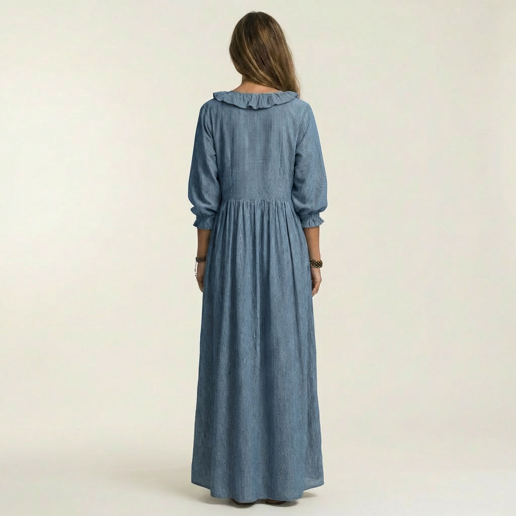 Yosetta | Vestito lungo a righe con scollo a V e volant, maniche lanterna