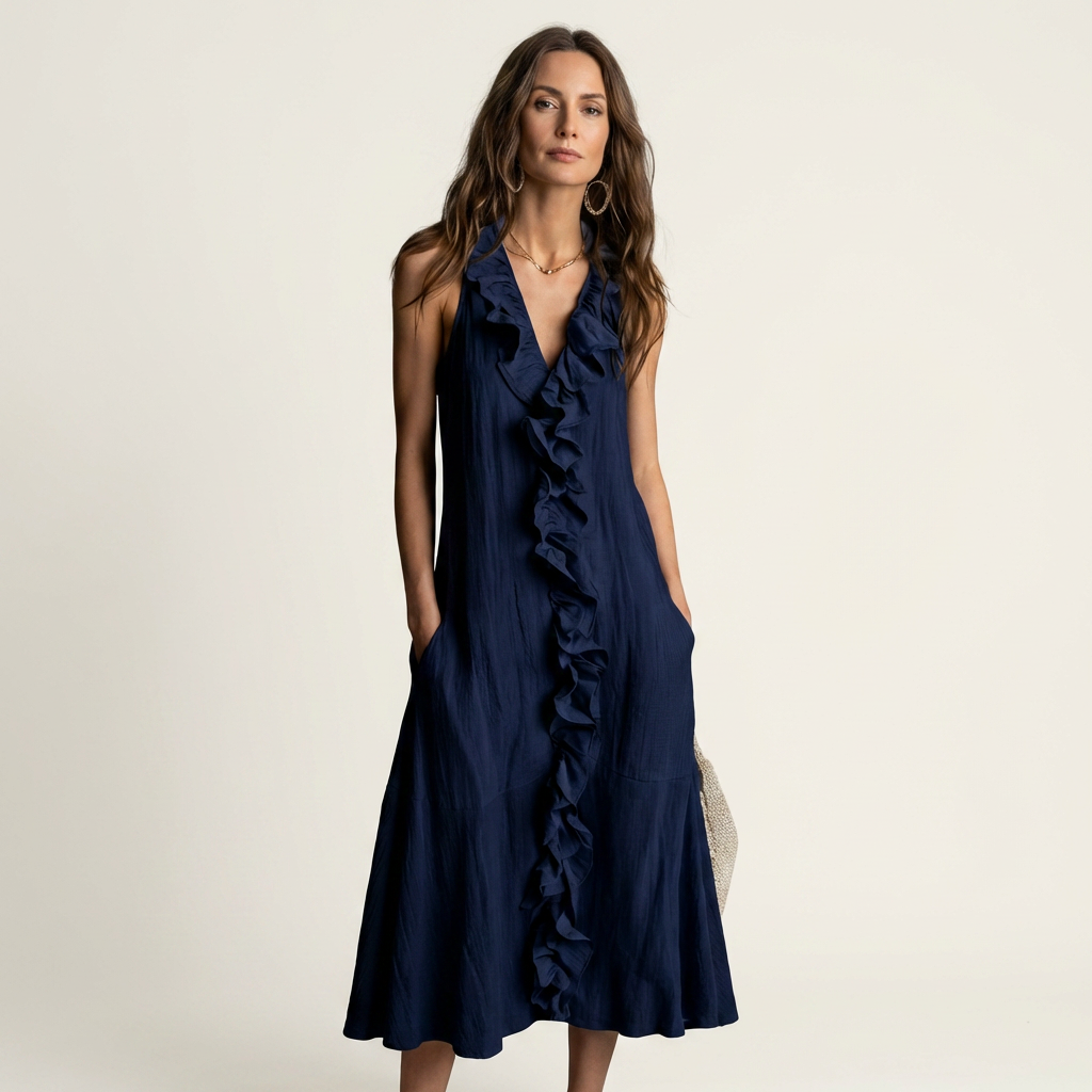 Vicky | Vestito lungo in lino con scollo a V e volant sul davanti senza maniche