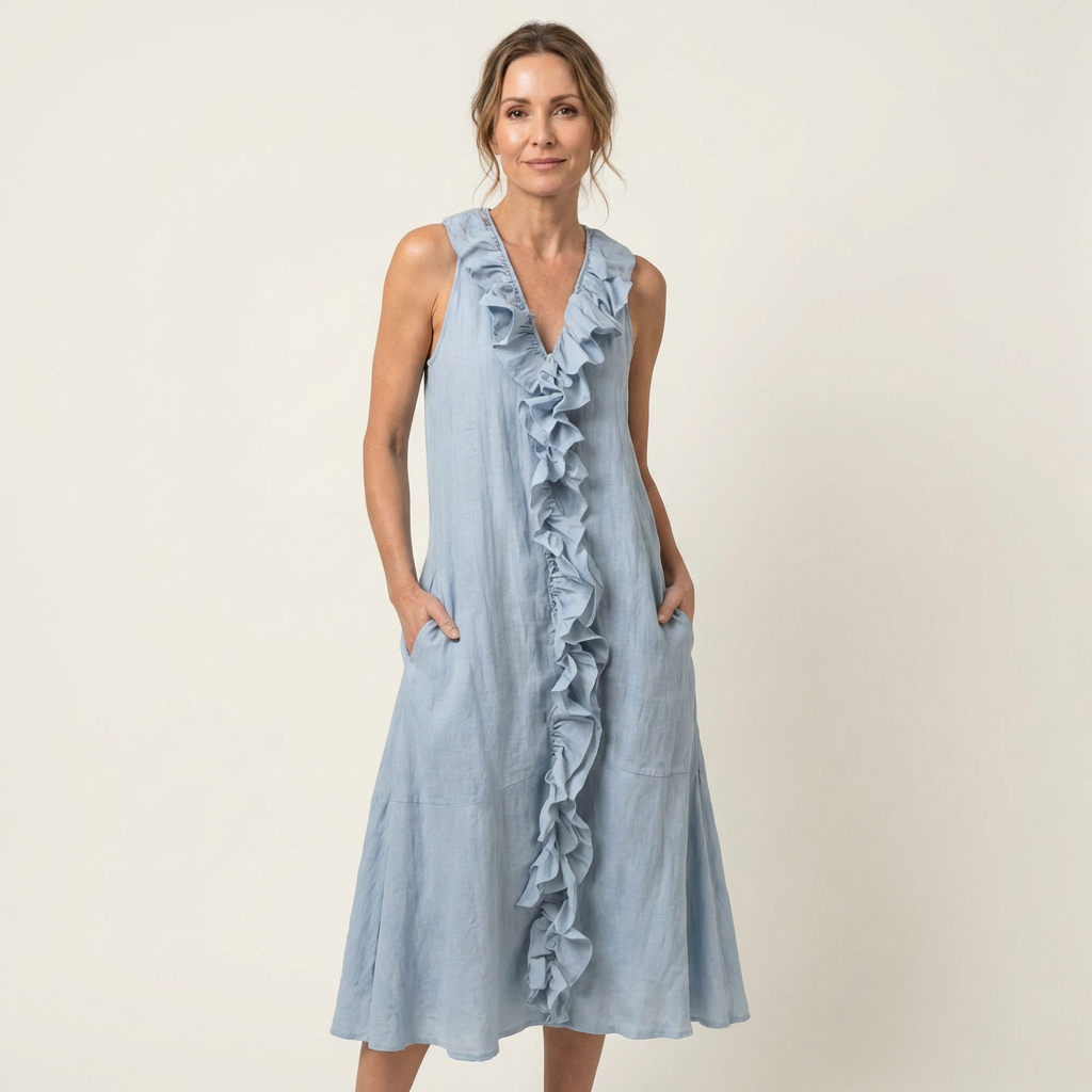 Vicky | Vestito lungo in lino con scollo a V e volant sul davanti senza maniche