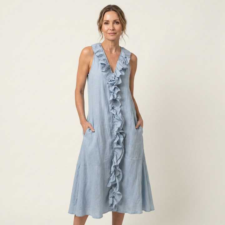 Vicky | Vestito lungo in lino con scollo a V e volant sul davanti senza maniche