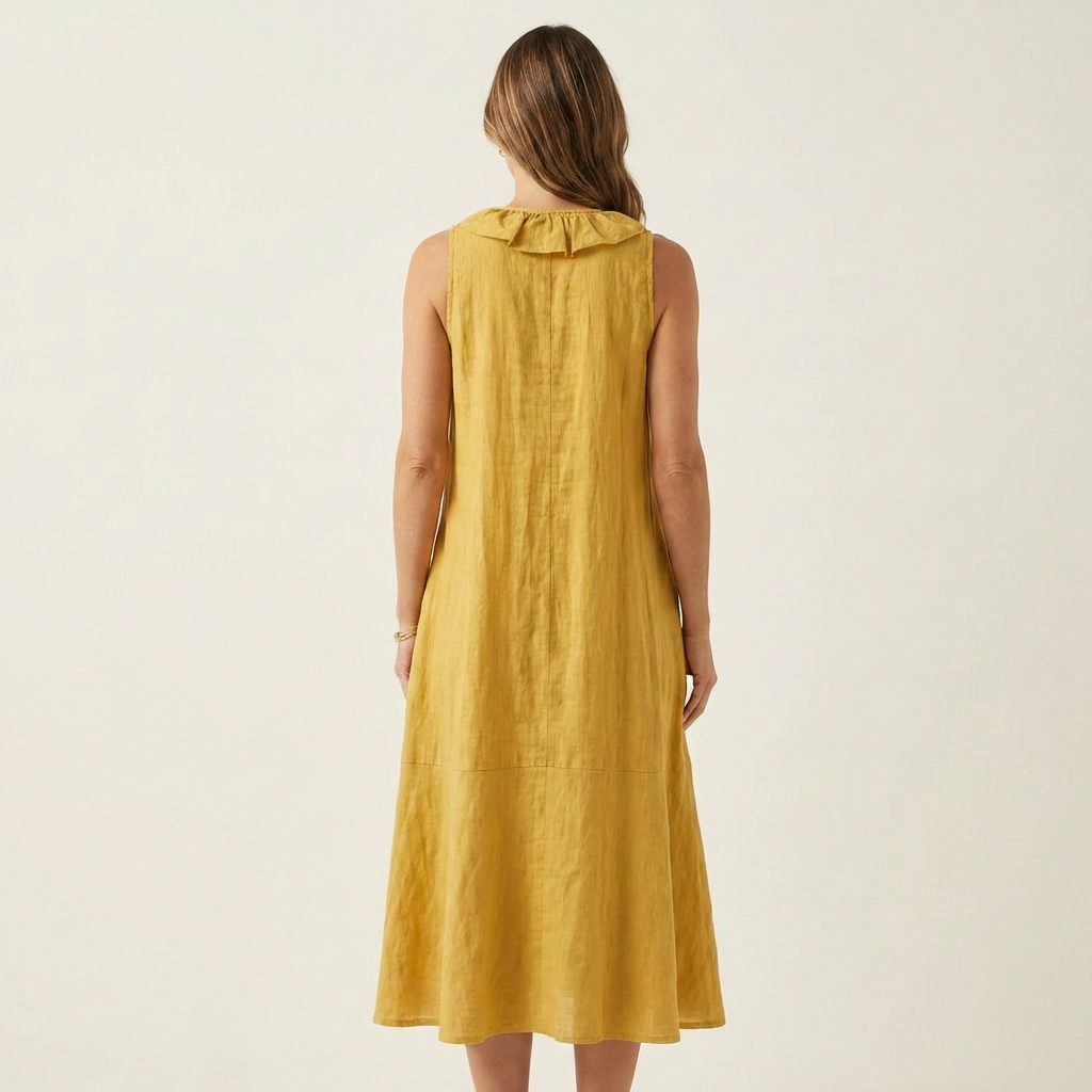 Vicky | Vestito lungo in lino con scollo a V e volant sul davanti senza maniche
