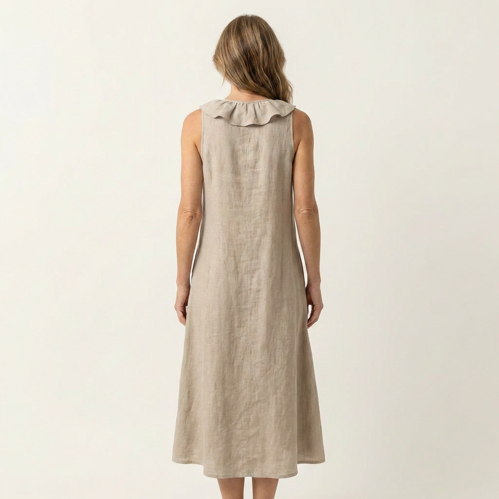 Vicky | Vestito lungo in lino con scollo a V e volant sul davanti senza maniche