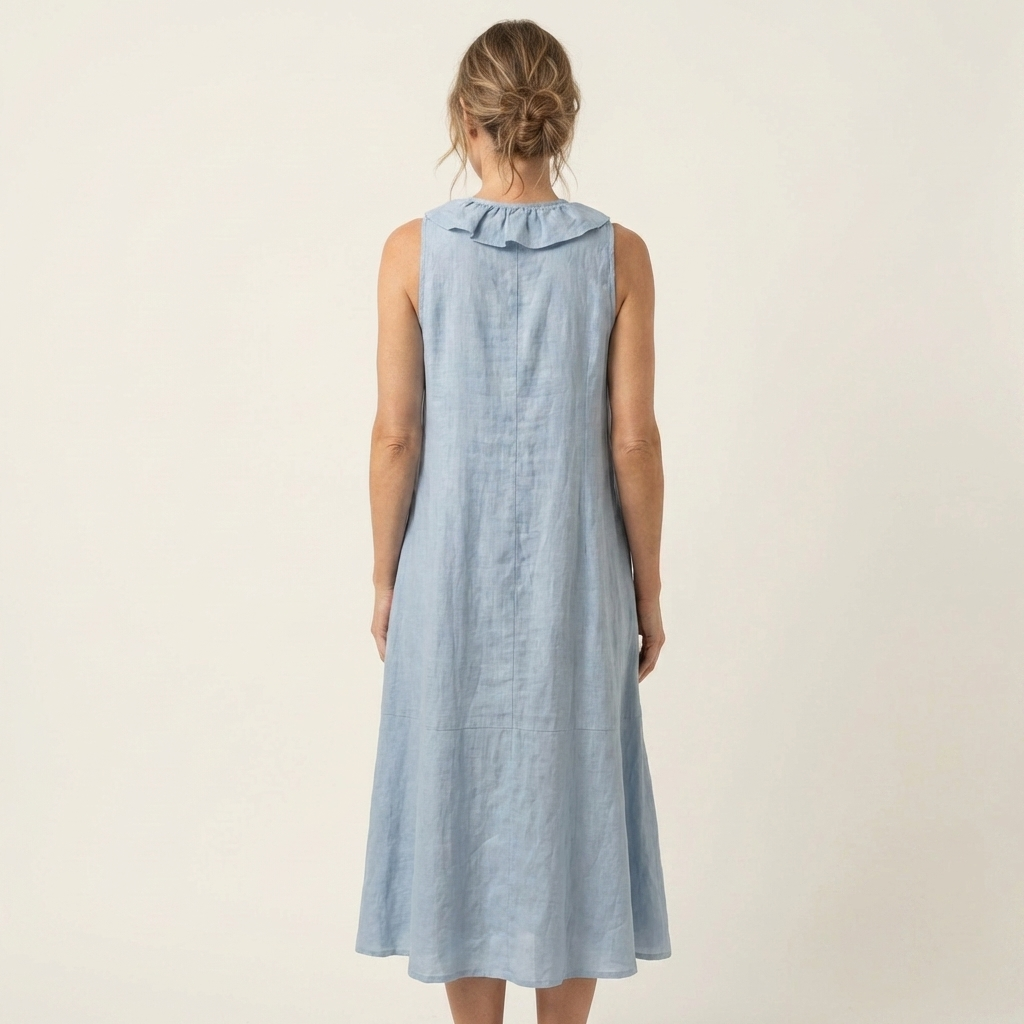 Vicky | Vestito lungo in lino con scollo a V e volant sul davanti senza maniche