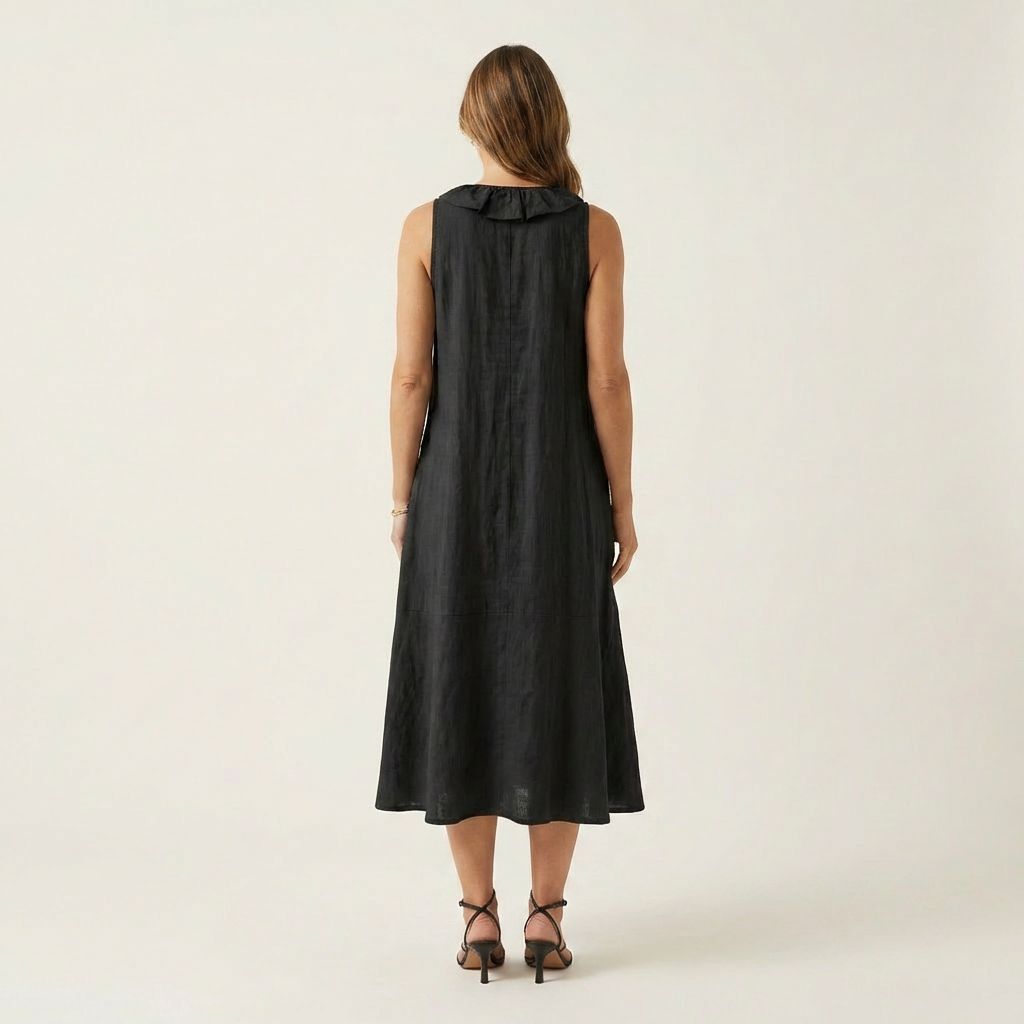 Vicky | Vestito lungo in lino con scollo a V e volant sul davanti senza maniche