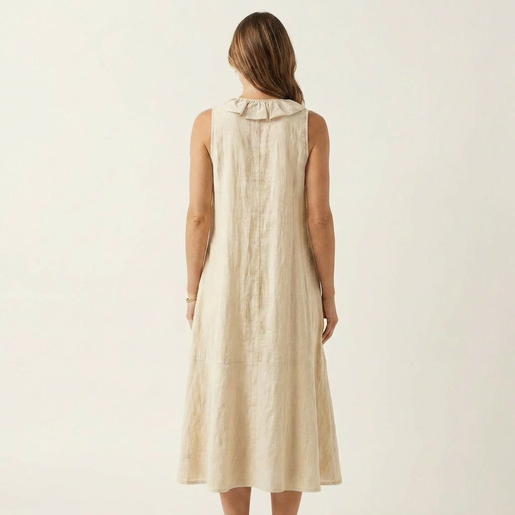 Vicky | Vestito lungo in lino con scollo a V e volant sul davanti senza maniche