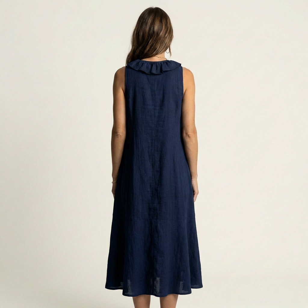 Vicky | Vestito lungo in lino con scollo a V e volant sul davanti senza maniche