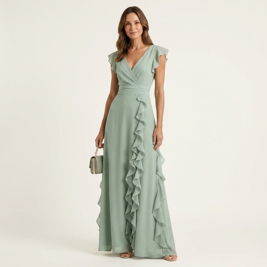 Nellyana | Abito lungo in stile wrap con scollo a V, maniche svolazzanti e volant a cascata