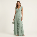 Nellyana | Abito lungo in stile wrap con scollo a V, maniche svolazzanti e volant a cascata