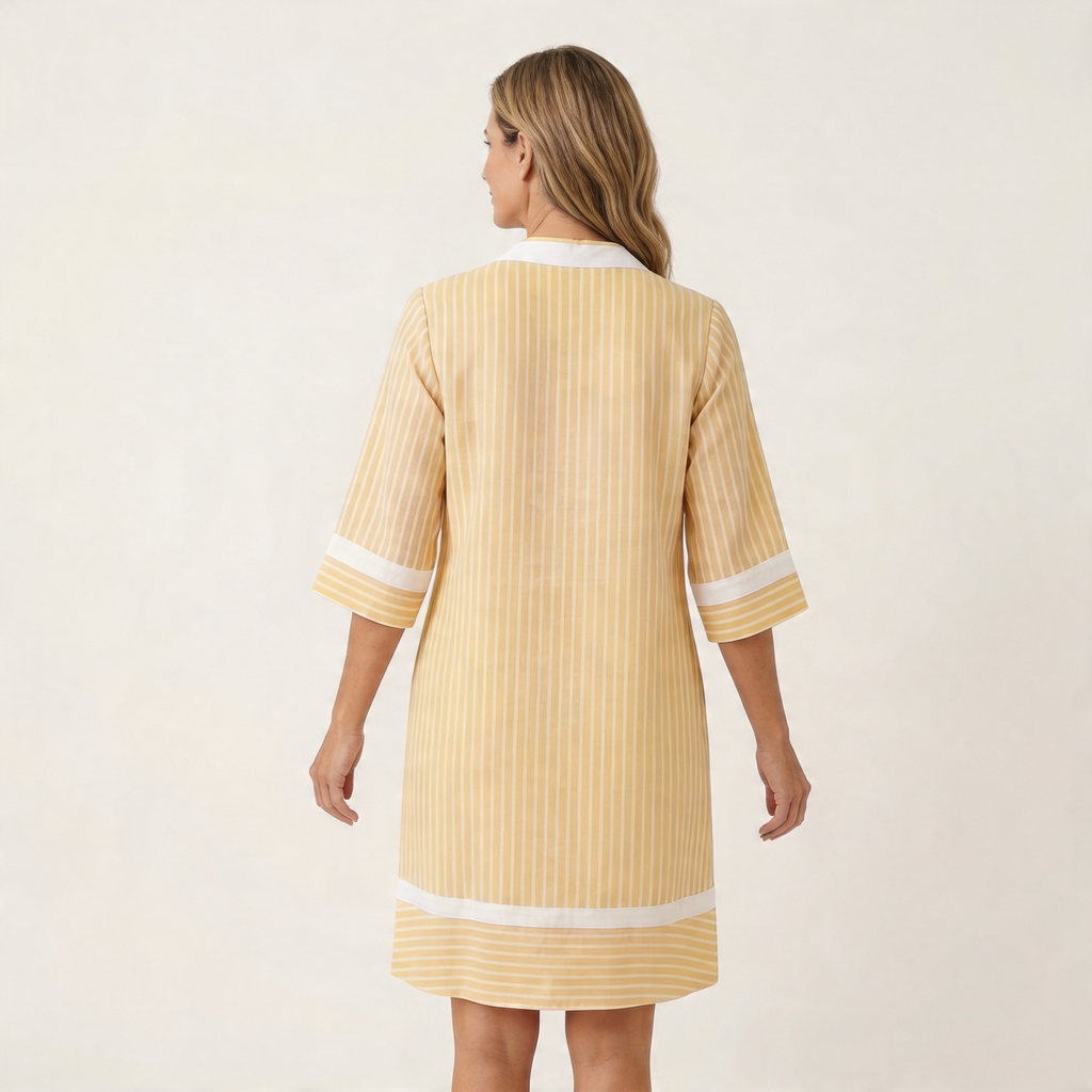 Sanina | Abito in cotone a righe con bordo a contrasto, scollo a V, taglio dritto