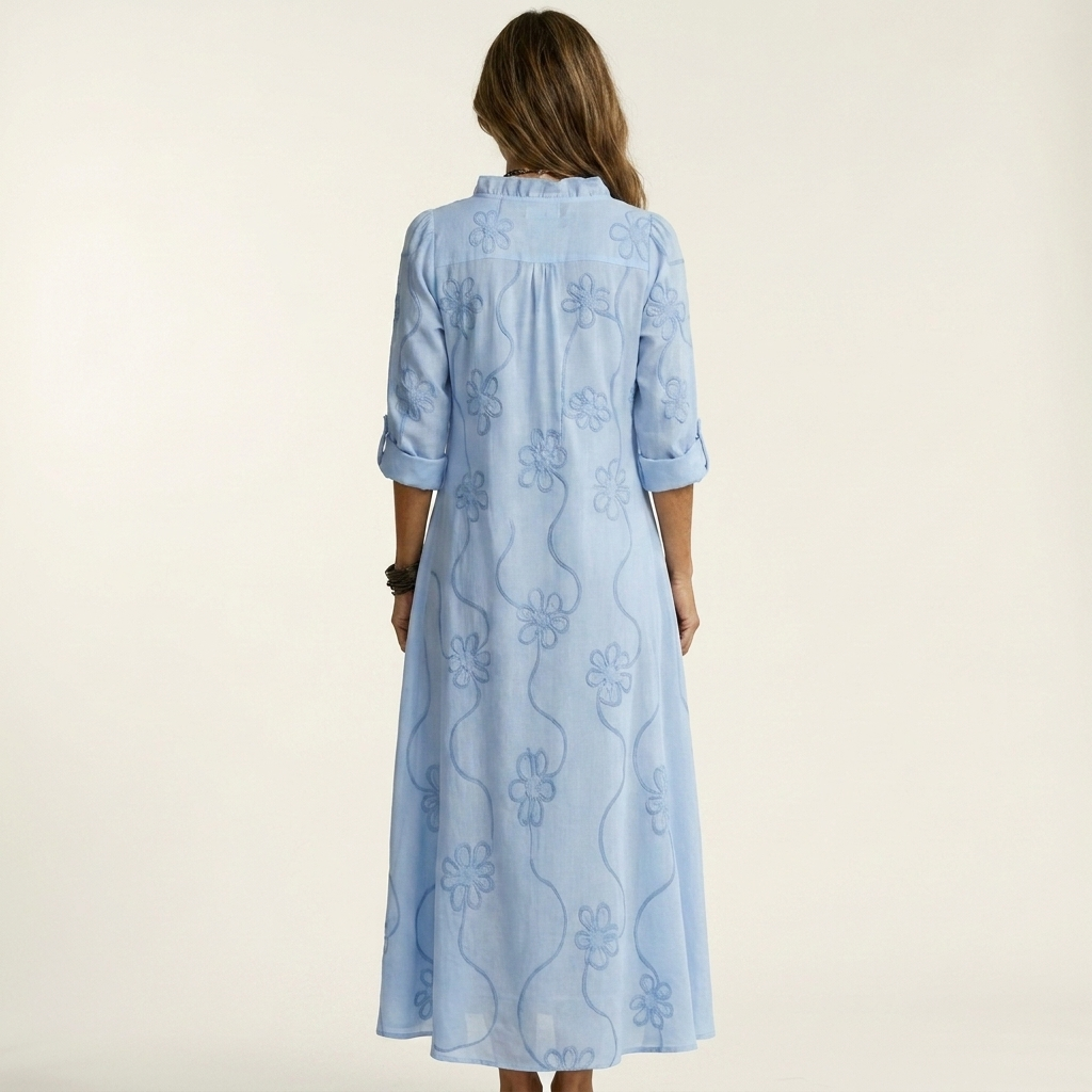 Mariam | Abito lungo in cotone-lino con ricami floreali tono su tono