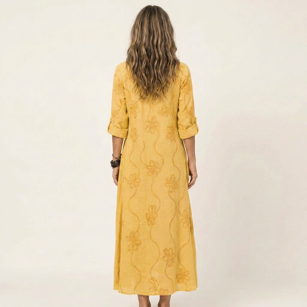 Mariam | Abito lungo in cotone-lino con ricami floreali tono su tono