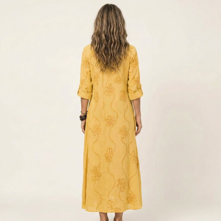 Mariam | Abito lungo in cotone-lino con ricami floreali tono su tono