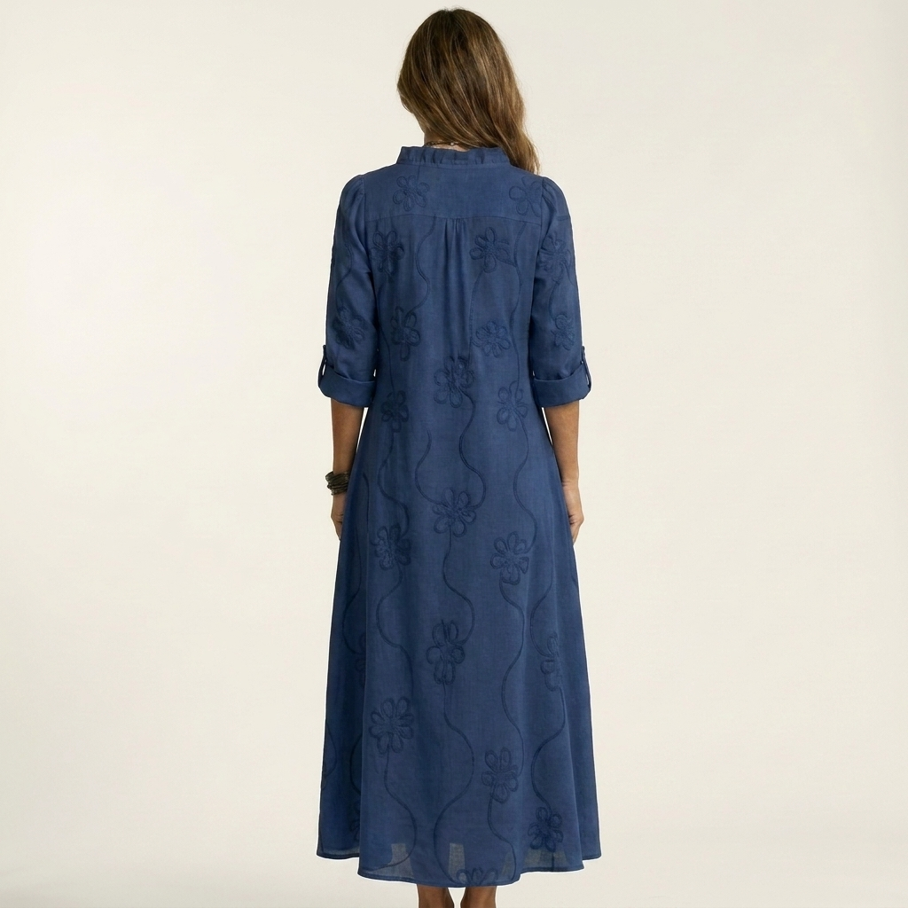 Mariam | Abito lungo in cotone-lino con ricami floreali tono su tono