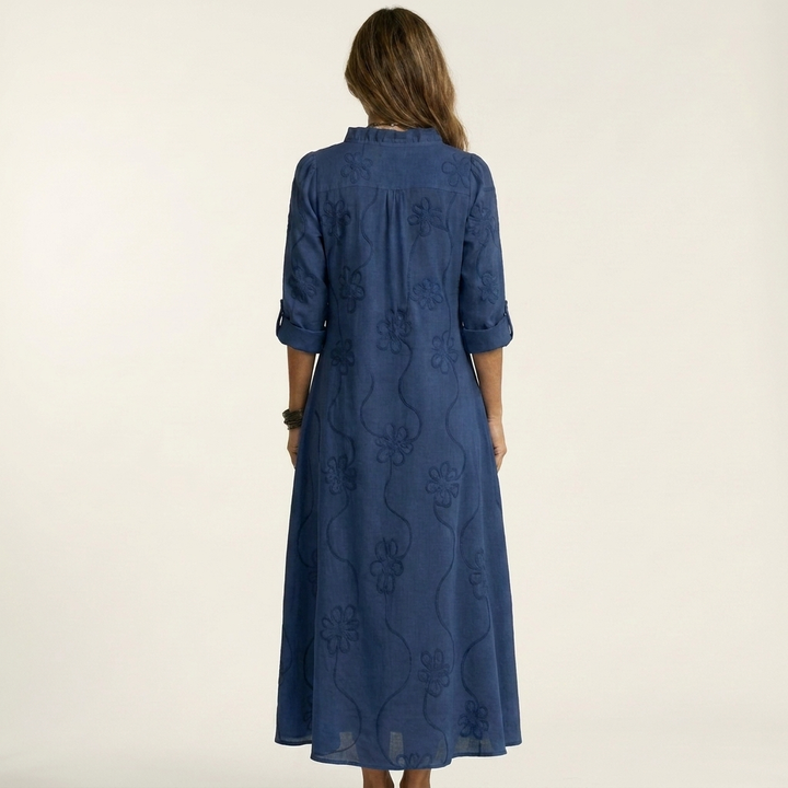 Mariam | Abito lungo in cotone-lino con ricami floreali tono su tono