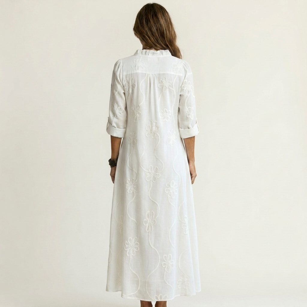 Mariam | Abito lungo in cotone-lino con ricami floreali tono su tono