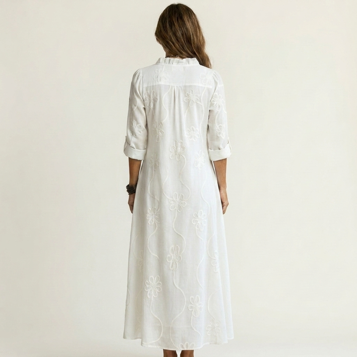 Mariam | Abito lungo in cotone-lino con ricami floreali tono su tono