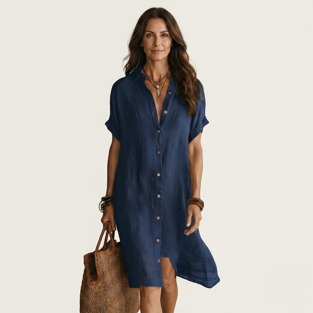 Nidalie | Vestito midi camicia in cotone-lino con polsini arrotolati