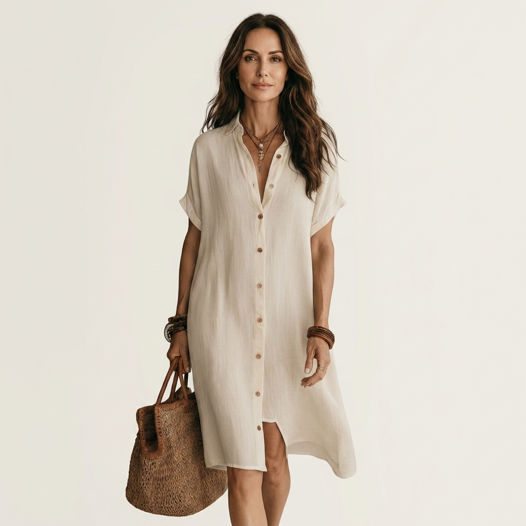 Nidalie | Vestito midi camicia in cotone-lino con polsini arrotolati