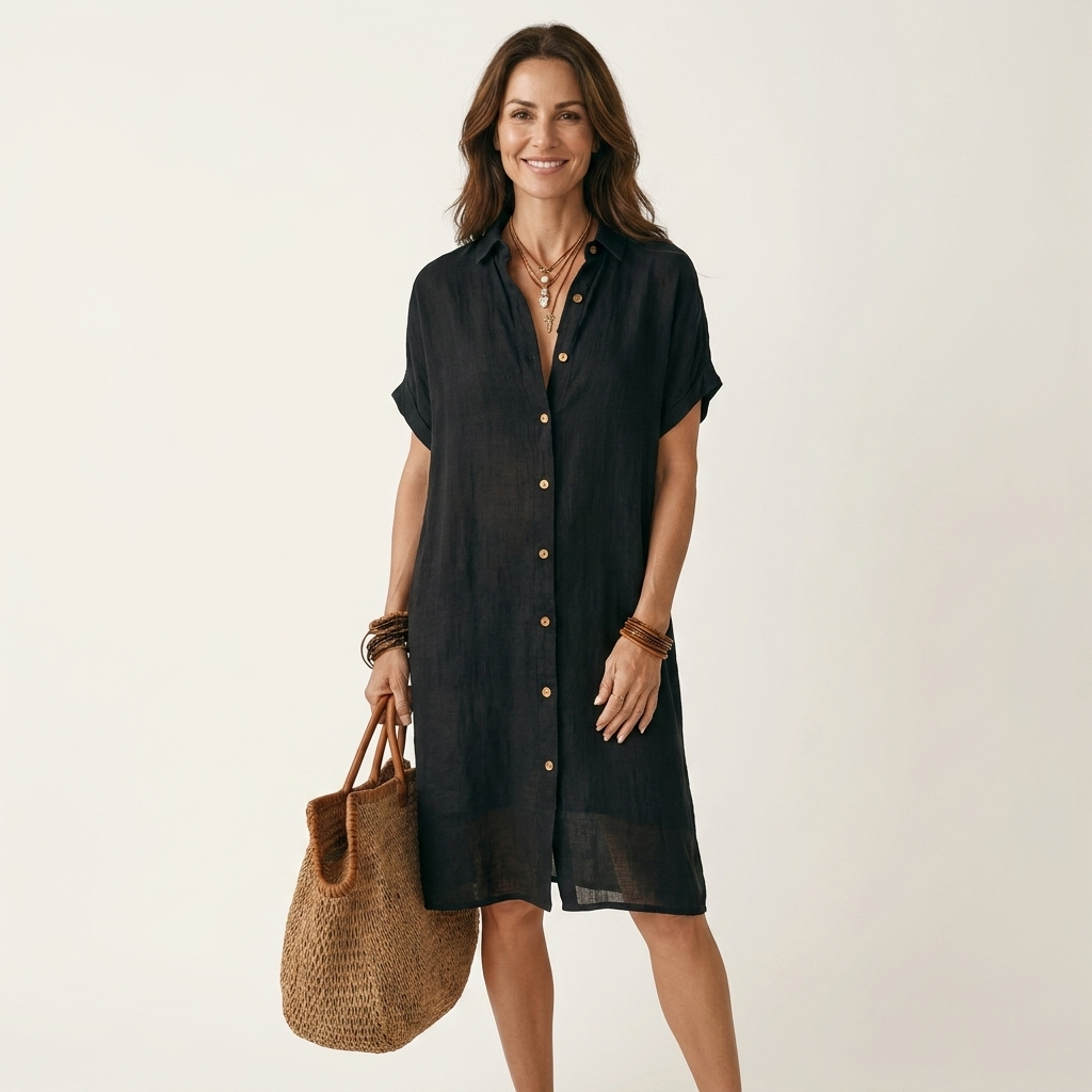 Nidalie | Vestito midi camicia in cotone-lino con polsini arrotolati