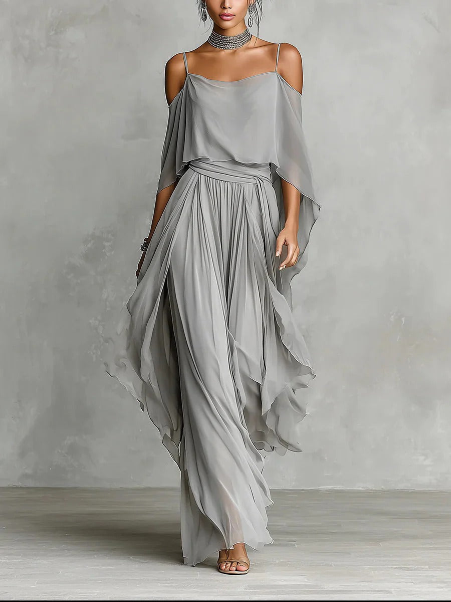 Isabela | set fluido grigio con top a spalline sottili e pantaloni leggeri