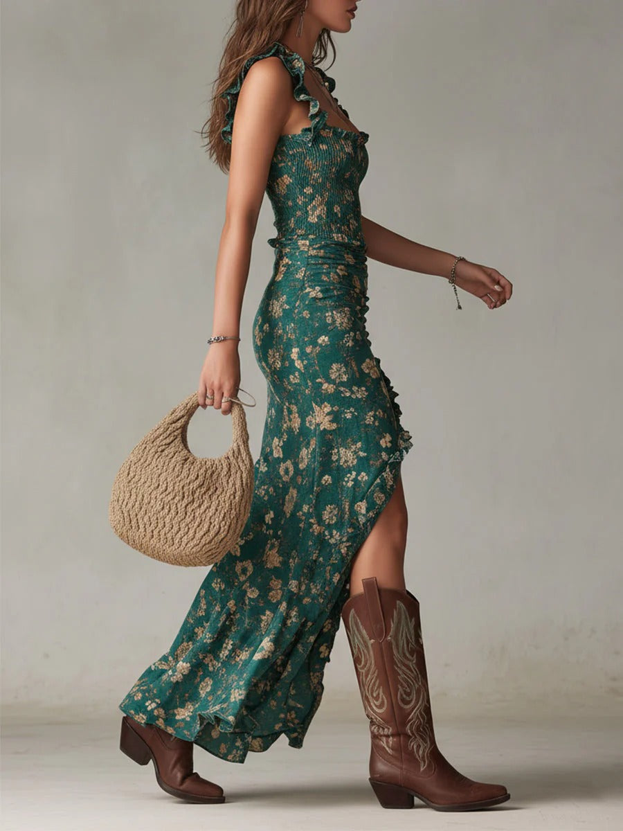 Zara | Abito lungo floreale in stile bohemien con arricciature e spacco laterale