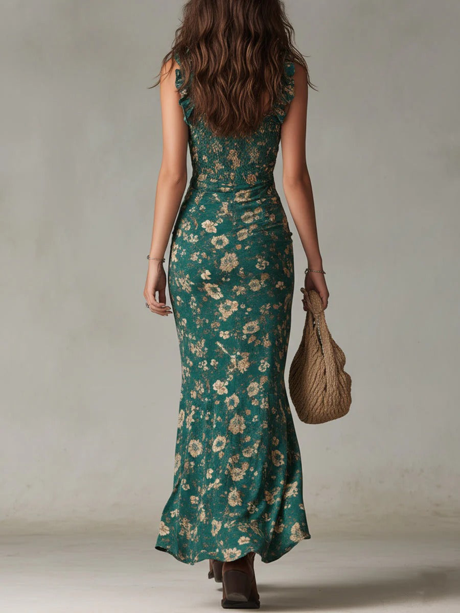 Zara | Abito lungo floreale in stile bohemien con arricciature e spacco laterale