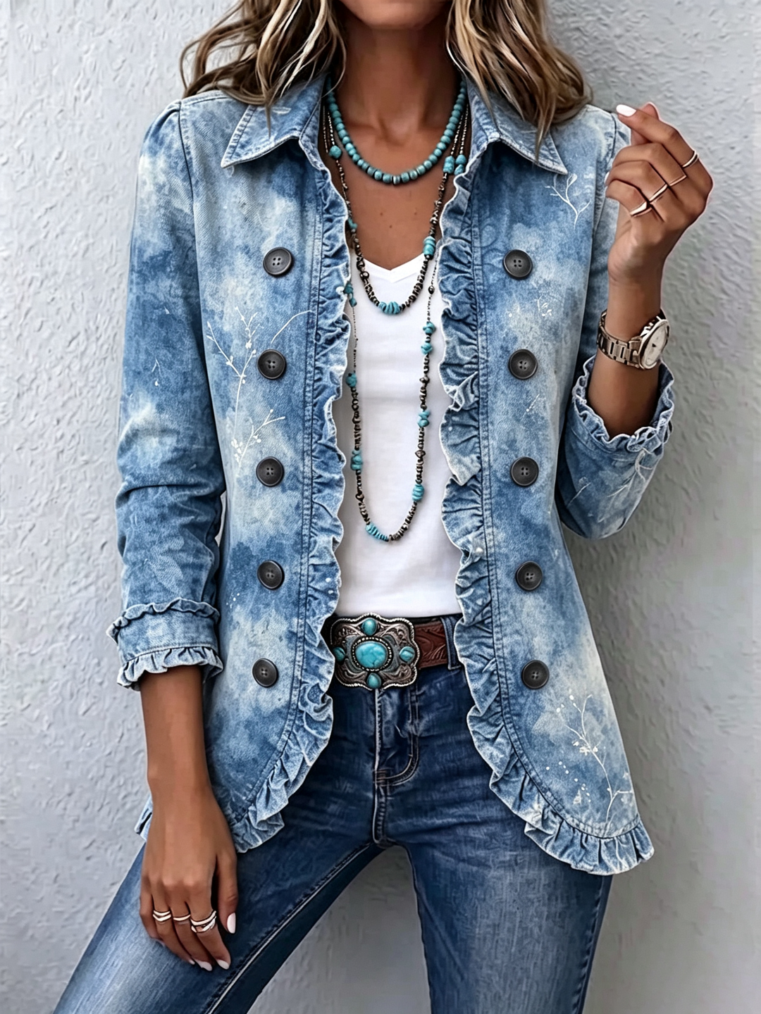 Jemison | Giacca con stampa botanica vintage a gradiente in stile boho con dettagli a volant
