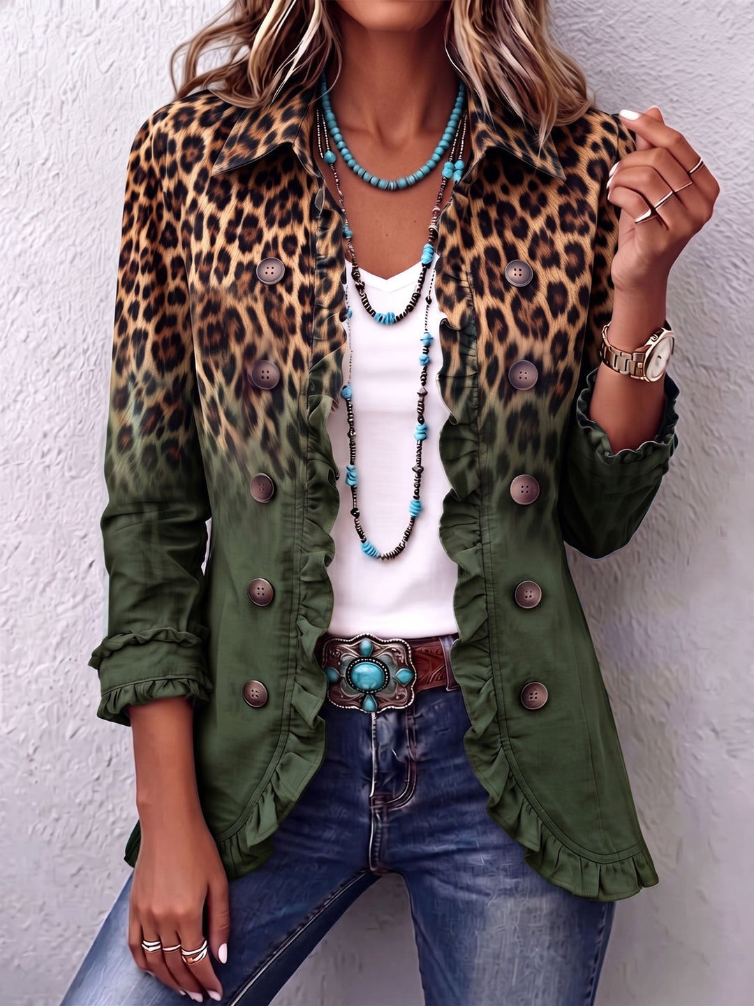 Rowena | Blazer con stampa leopardata sfumata e volant